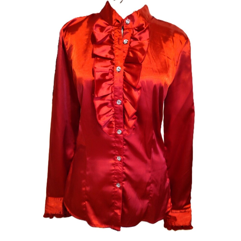 Stunning Satiny Red Blouse w Striking Ruffles & Diamond like Buttons By IZ Sz M